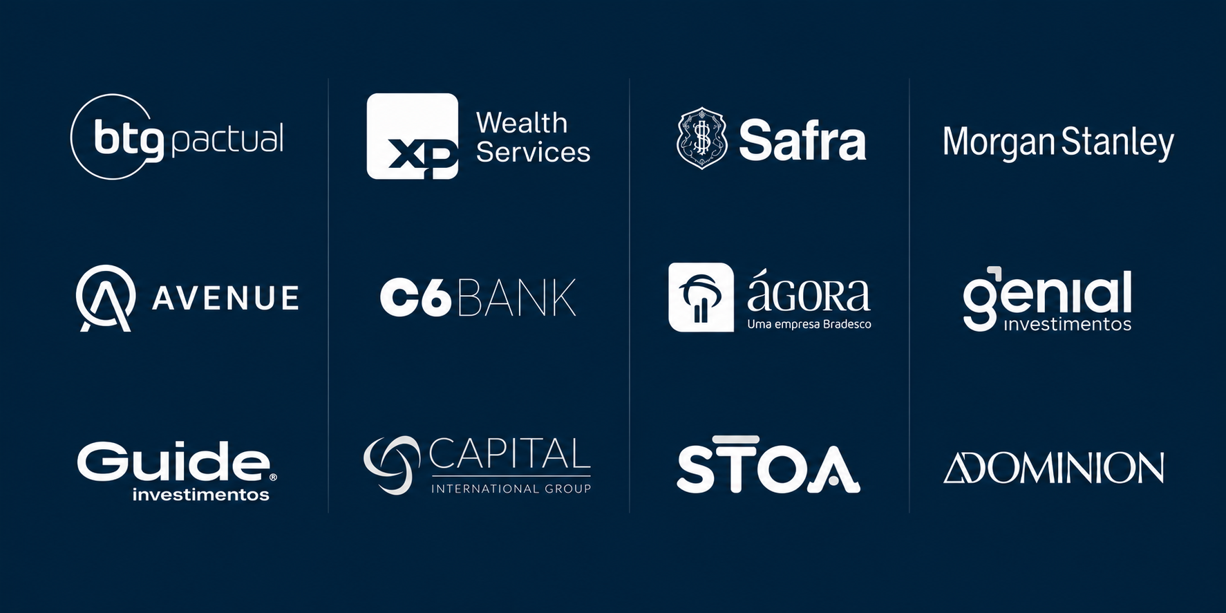Consultoria 100% independente em qualquer corretora: BTG Pactual, XP Wealth Services, Safra, Morgan Stanley, Avenue, C6 Bank, Ágora, Genial Investimentos, Guide Investimentos, Capital International Group, STOA e Dominion